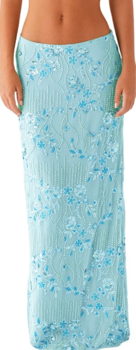 Blue Allover Beaded Sequin Maxi Skirt Resort Vacation Glam Women's size Medium